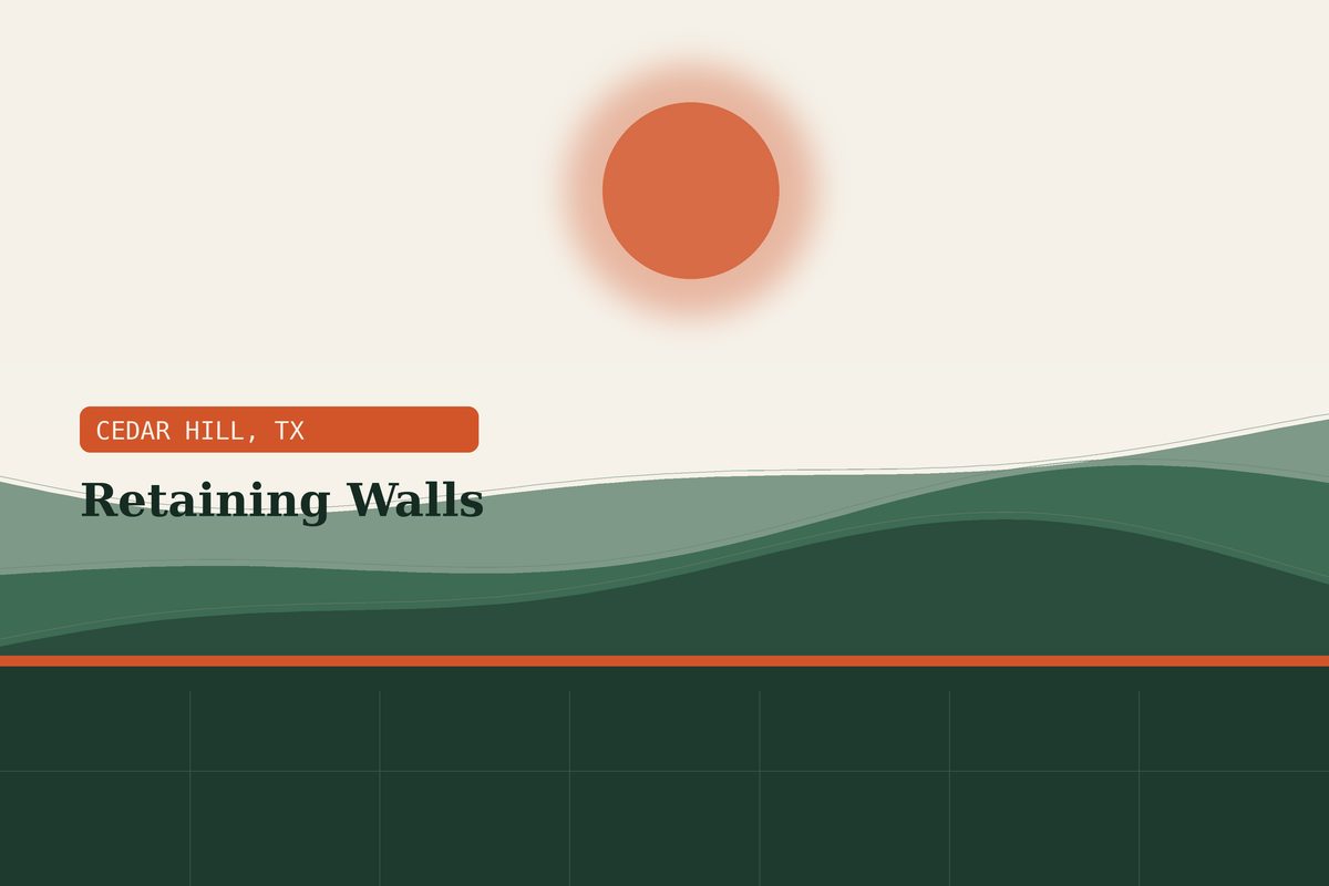 Poured concrete retaining wall holding a sloped escarpment lot in Cedar Hill, TX