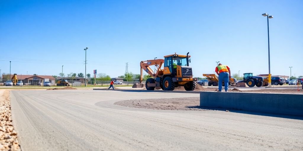 Workers pouring concrete for a parking lot in Cedar Hill.