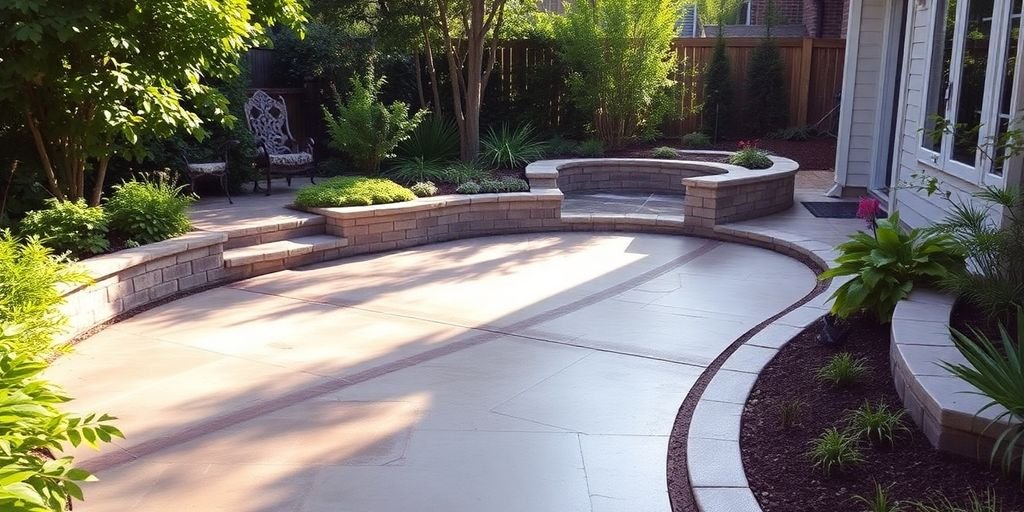 Decorative concrete patio surrounded by vibrant greenery.