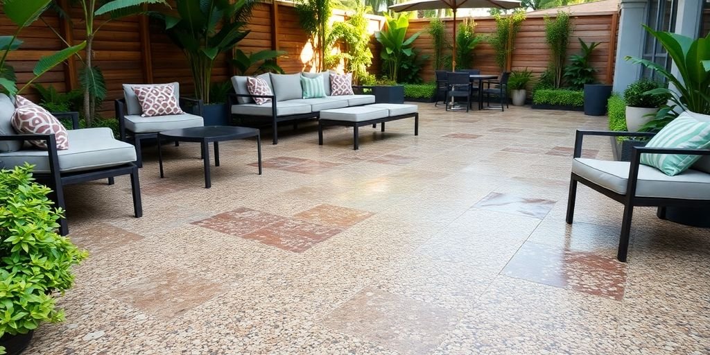 Textured exposed aggregate concrete in a lush outdoor setting.