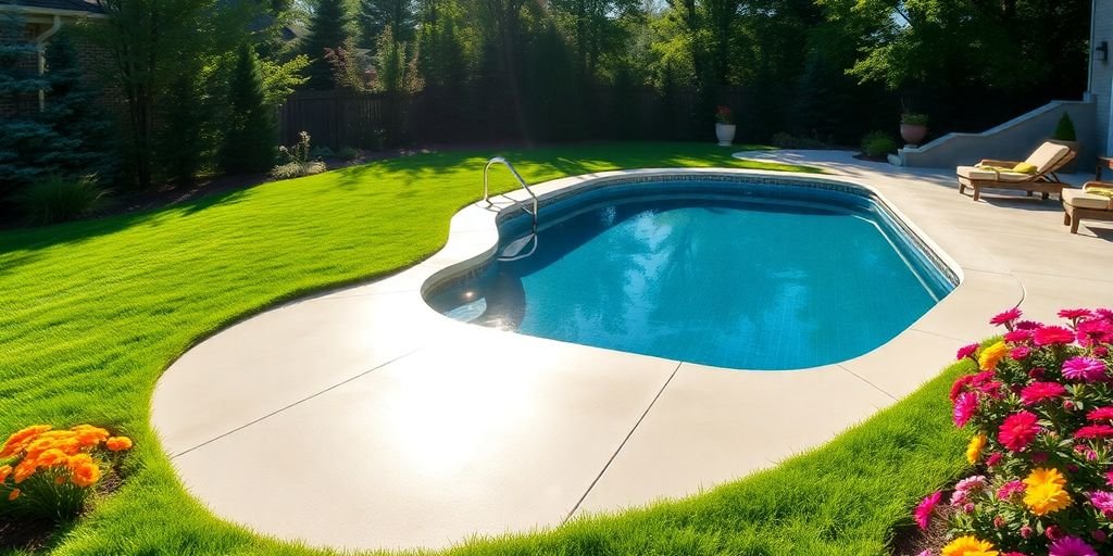 Beautiful concrete pool deck in a lush backyard setting.